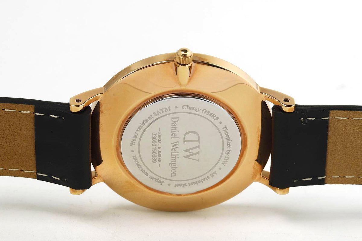 Daniel Wellington Classic Sheffield case back detail with engraved text and rose gold finish