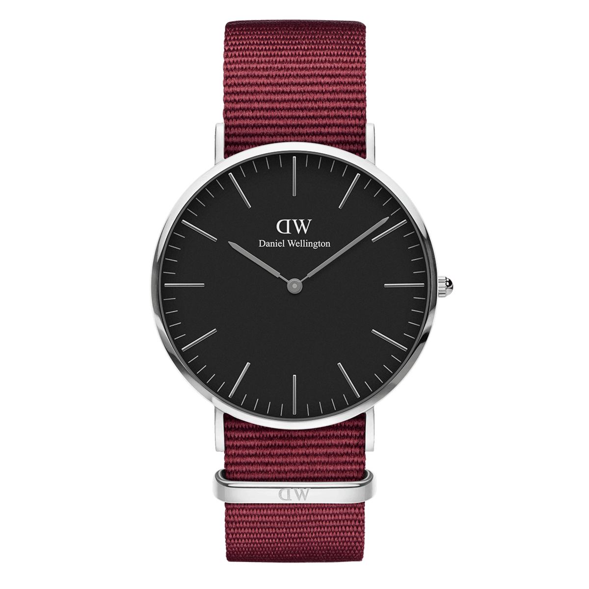 Daniel Wellington unisex watch with black dial, silver case, and burgundy fabric band