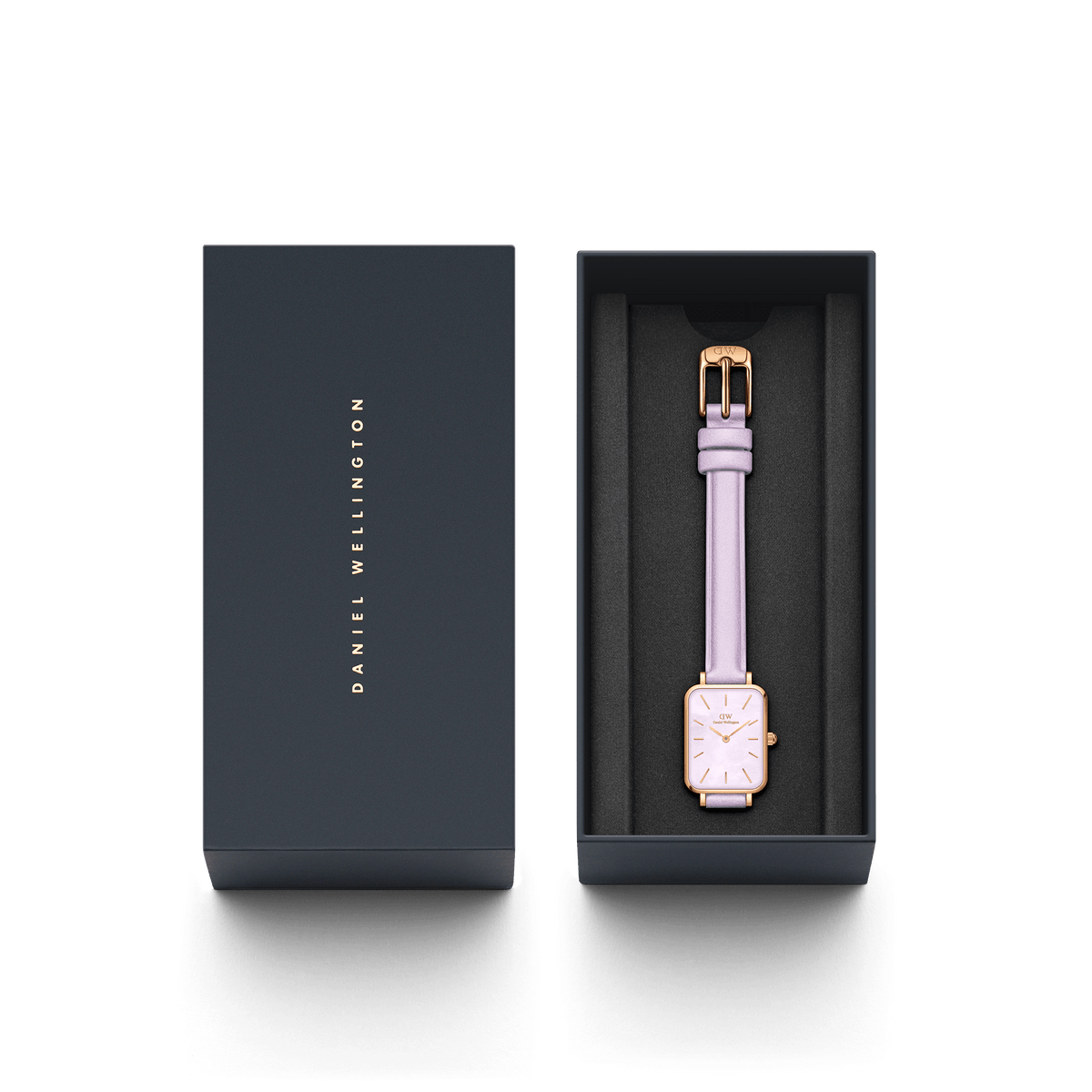 Daniel Wellington watch in black packaging box with lavender leather strap
