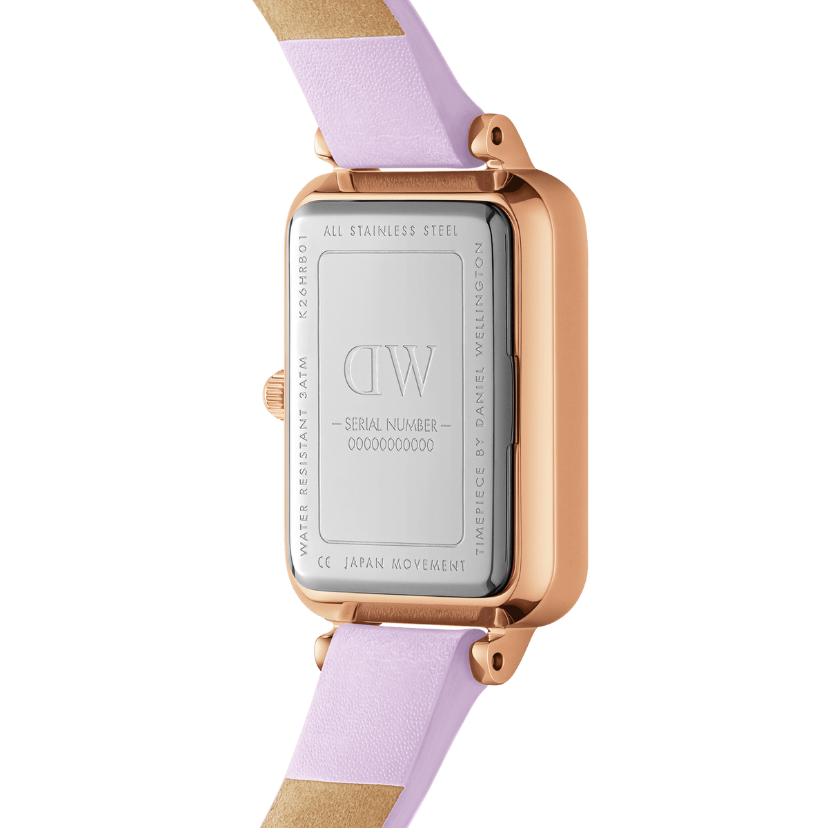 Daniel Wellington watch caseback showing stainless steel, DW branding and serial number