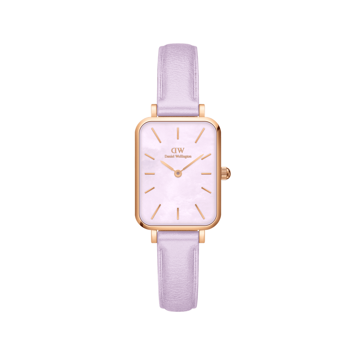 Daniel Wellington rose gold square quartz women's watch with white dial and lavender strap