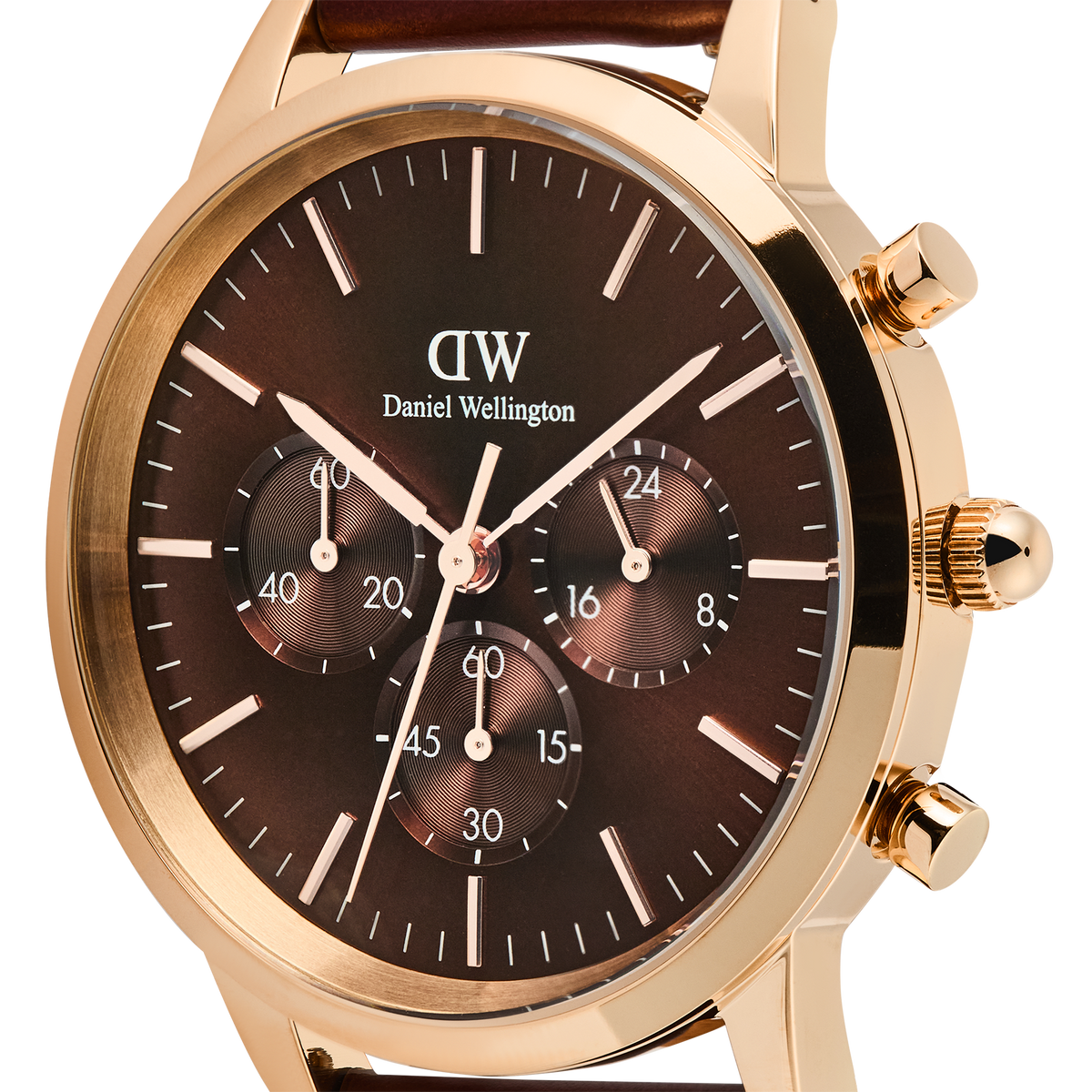 Close-up of Daniel Wellington Iconic Chronograph dial with rose gold hands and brown subdials
