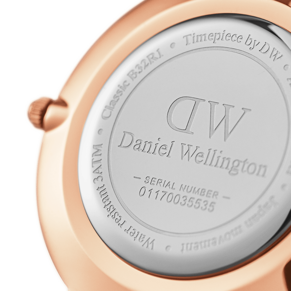 Daniel Wellington Petite Bondi caseback with engraved branding, serial number, and rose gold case