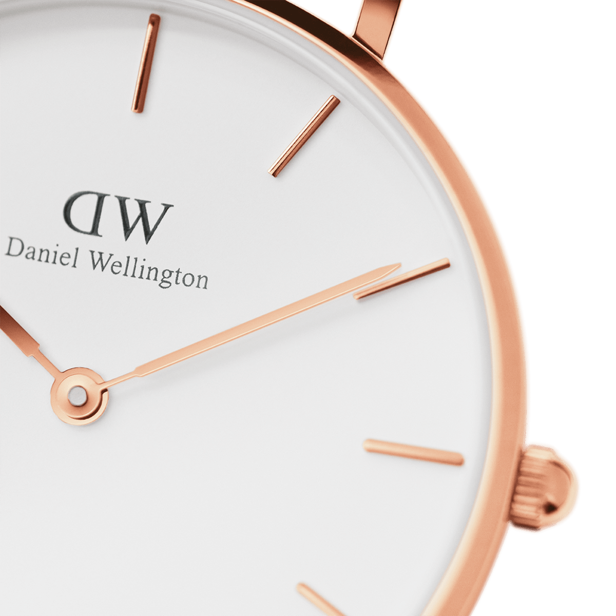 Closeup of Daniel Wellington Petite dial with rose gold hands and hour markers