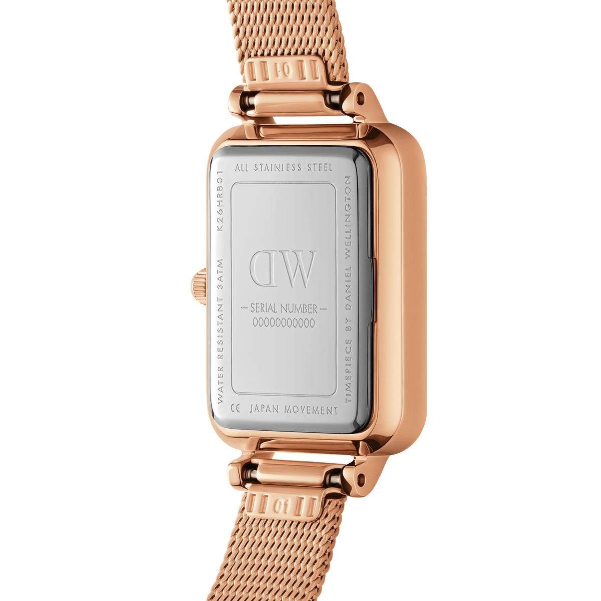 Daniel Wellington Quadro watch caseback showing stainless steel construction and DW logo