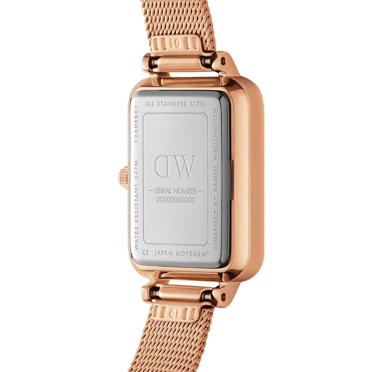 Caseback of Daniel Wellington Quadro Lumine showing all stainless steel construction and serial number