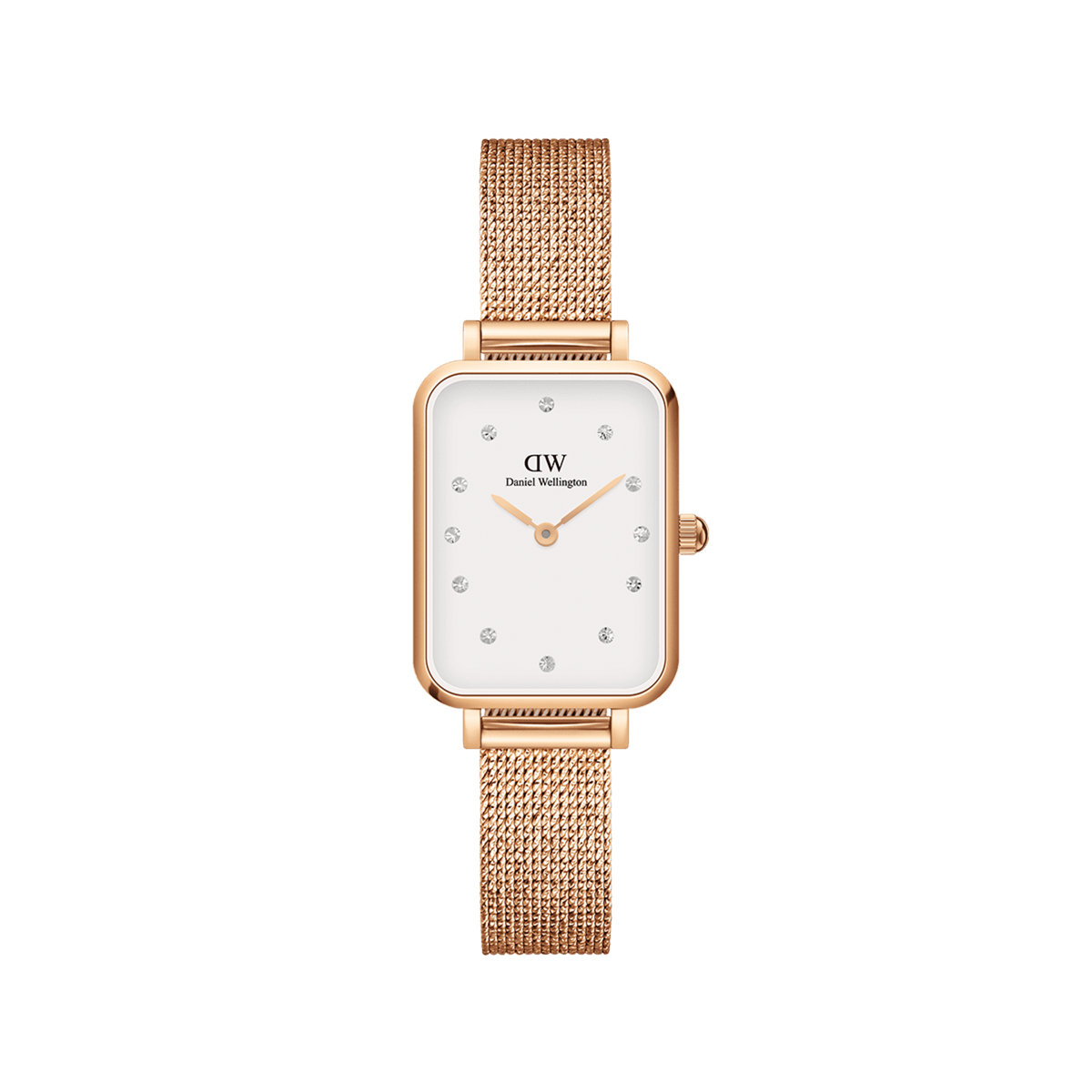Daniel Wellington Quadro Pressed Melrose Lumine rose gold women's watch with white dial and mesh strap