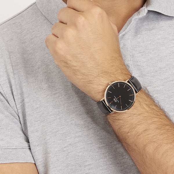 Daniel Wellington Sheffield 40mm Black Dial Black Genuine Leather Gold Watch - DW00100127