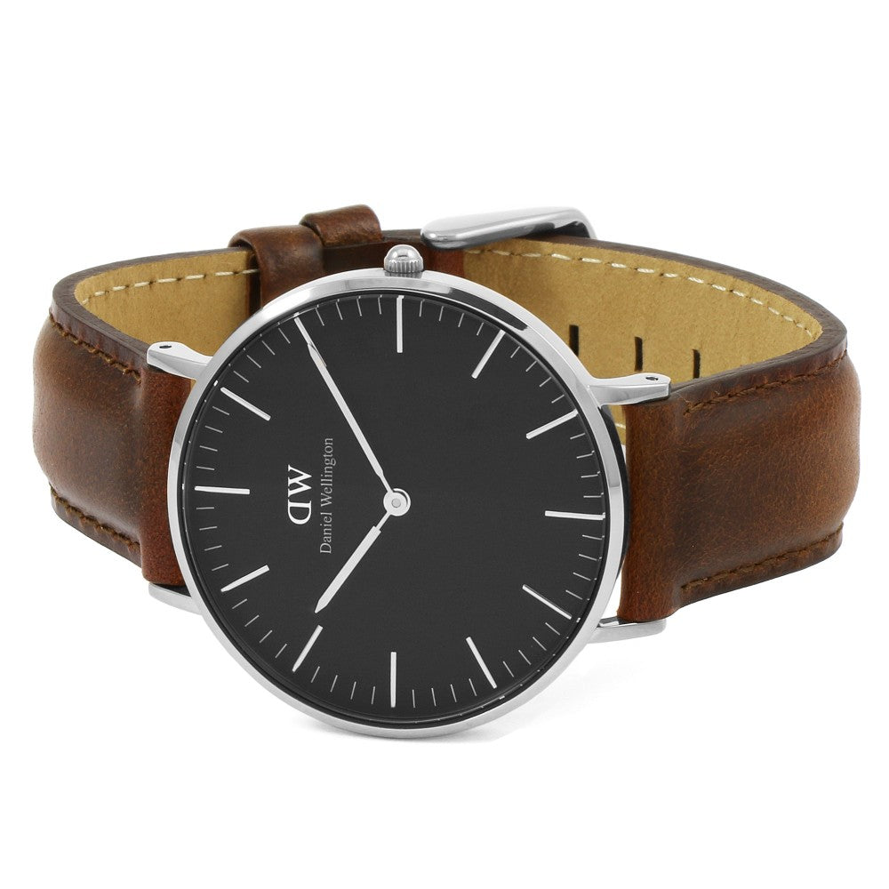 Daniel Wellington St Mawes 40mm Black Dial Brown Genuine Leather Silver Men's Watch - DW00100130