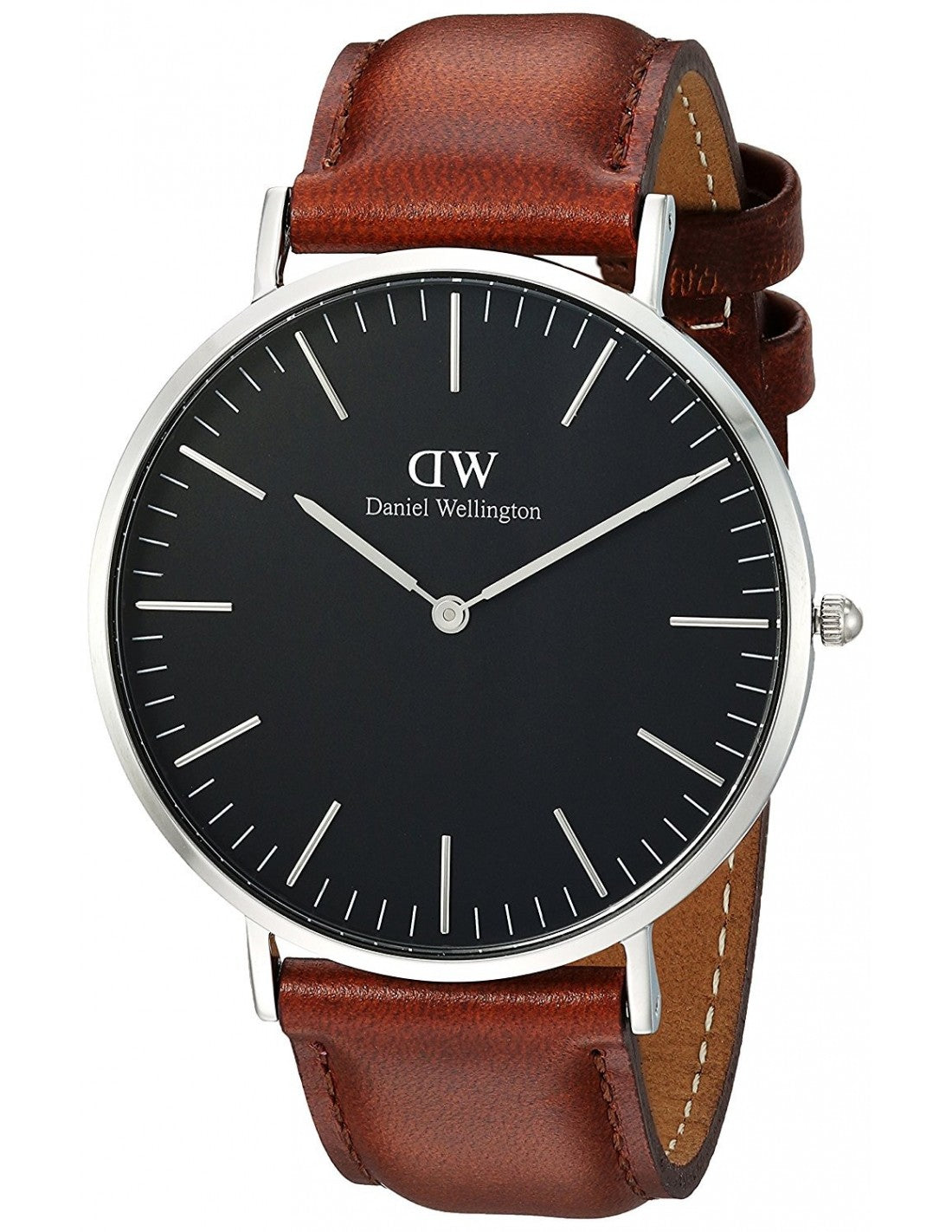 Daniel Wellington St Mawes 40mm Black Dial Brown Genuine Leather Silver Men's Watch - DW00100130