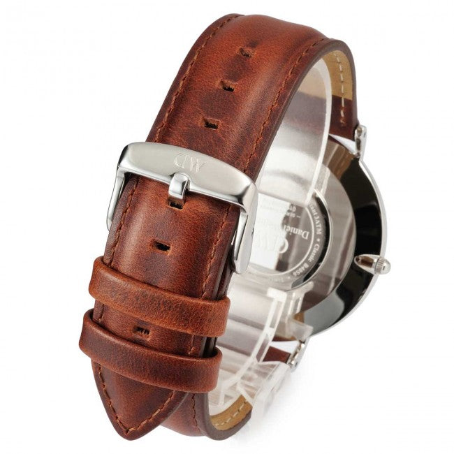 Daniel Wellington St Mawes 40mm Black Dial Brown Genuine Leather Silver Men's Watch - DW00100130