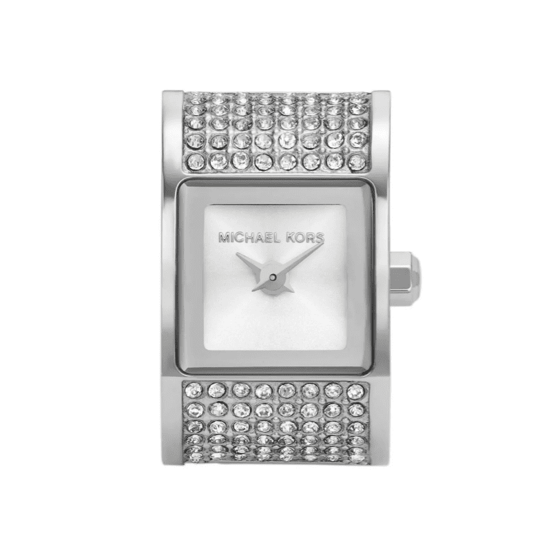 Darrington silver-tone ring watch with pavé crystal band and square dial