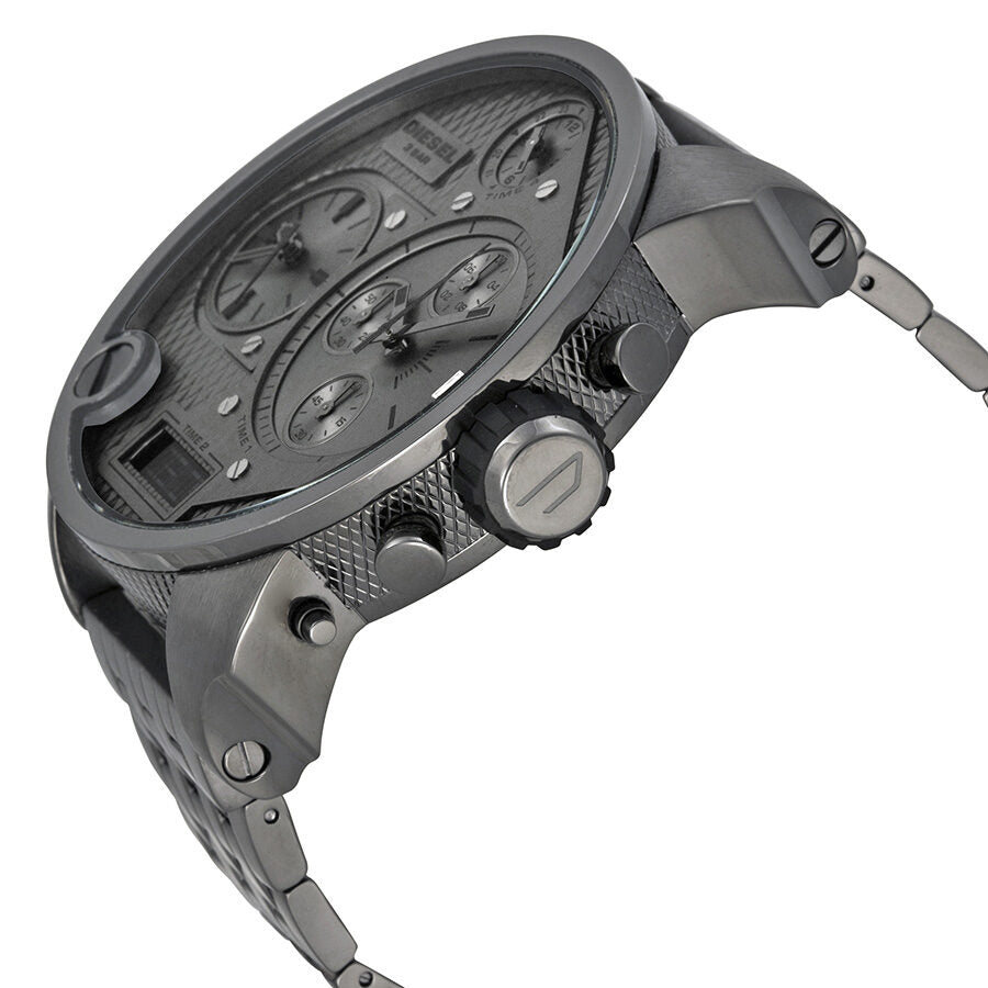 Diesel Badass watch side view showing gunmetal case and strap with crown and pushers