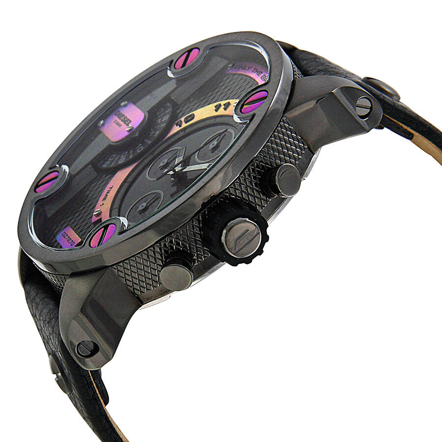 Side angle view of Diesel Bass Ass chronograph watch showing black leather strap and grey case