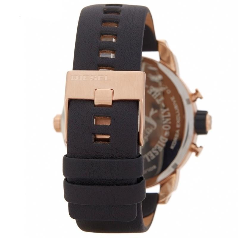 Diesel Big Boss DZ7282 watch side view showing rose gold case and black leather strap
