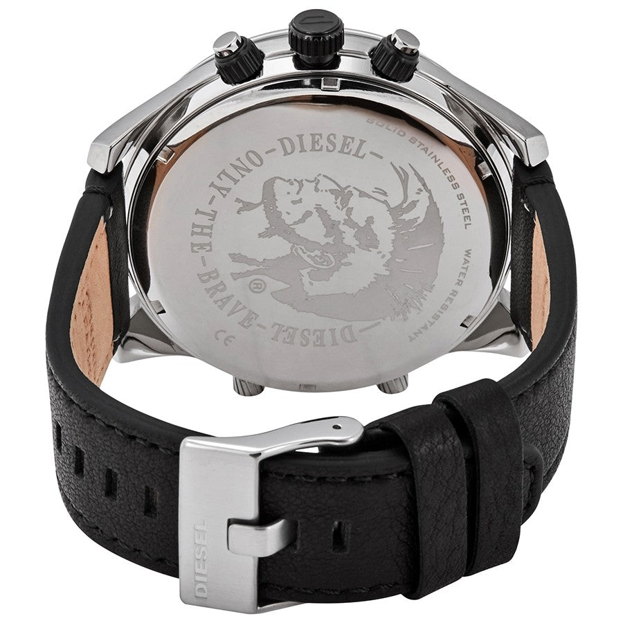 Diesel Boltdown DZ7415 caseback with engraved branding and black leather strap detail