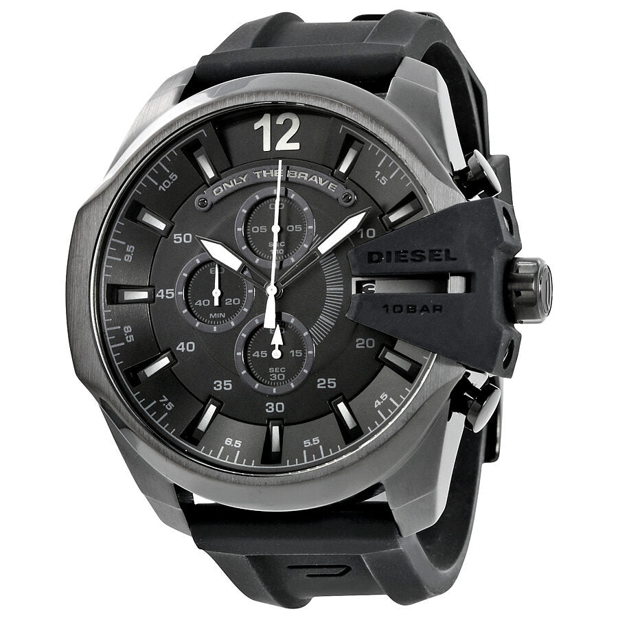 Diesel Chief Chronograph watch with black dial, stainless steel case, black silicone strap