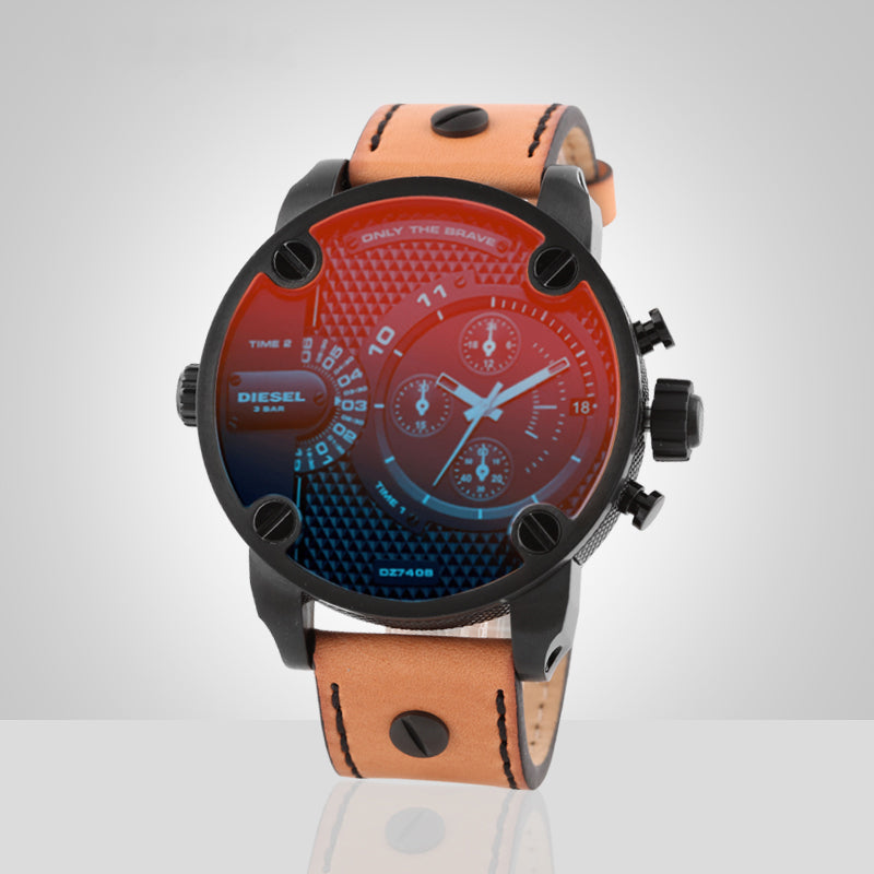Diesel Daddy DZ7408 chronograph watch angled view showing red and black dial