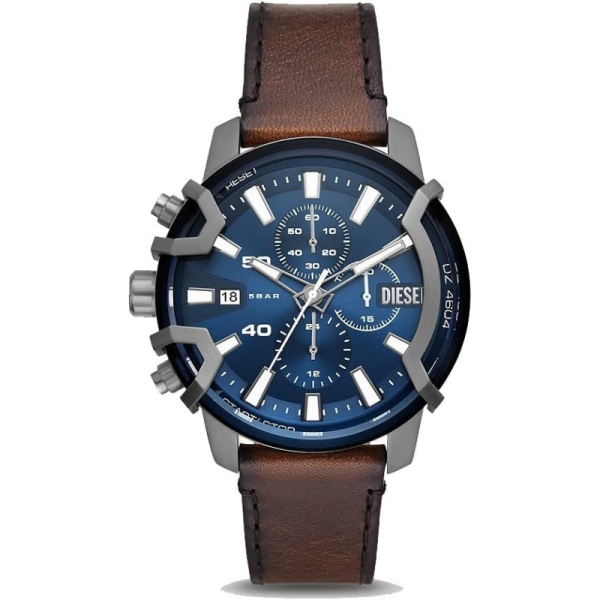Diesel Griffed chronograph watch with blue dial and brown leather strap
