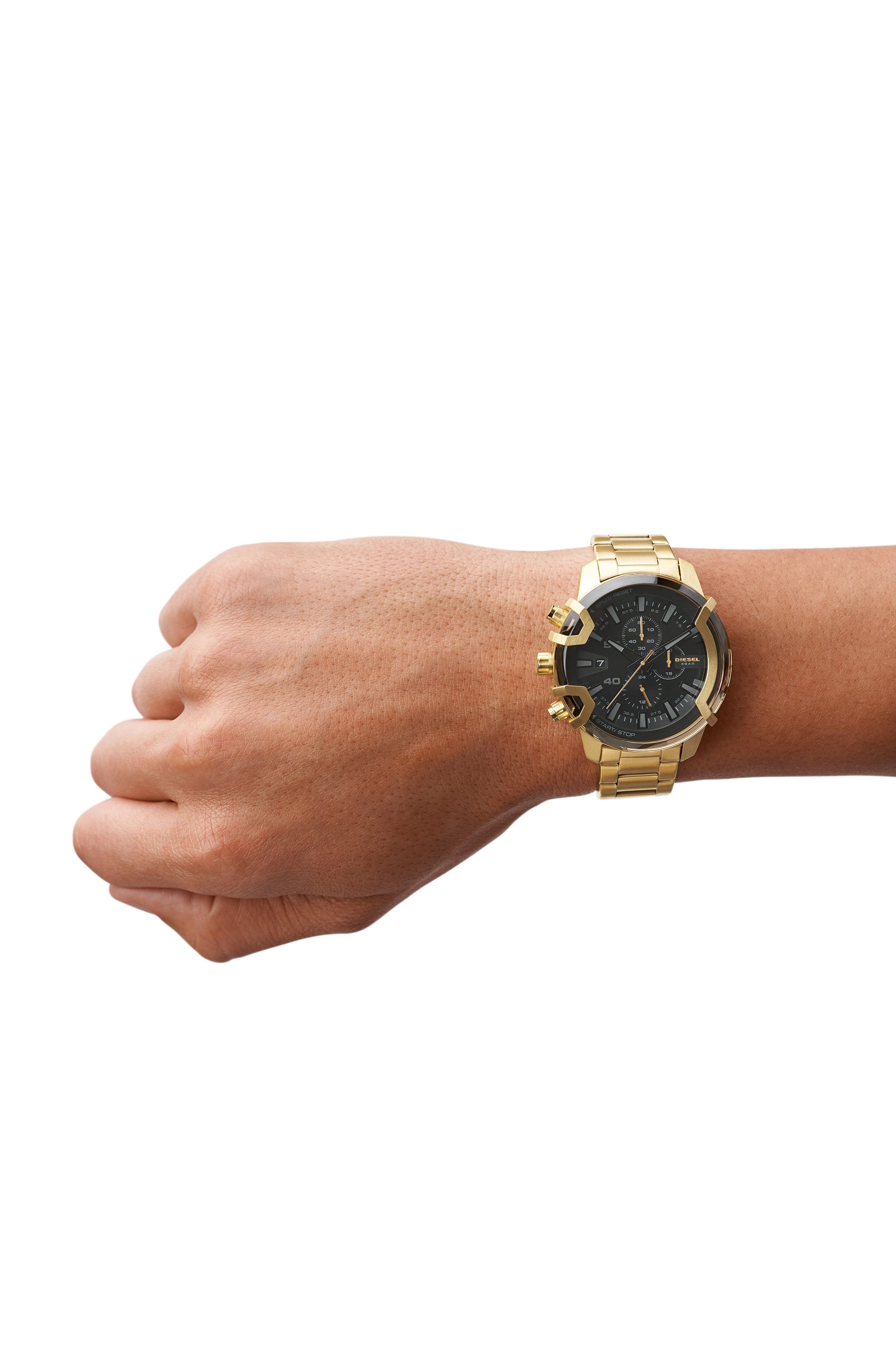 Diesel Griffed watch worn on wrist showing dial and gold-tone bracelet