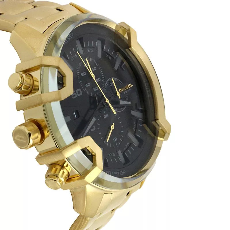 Side angle view showing gold-tone stainless steel bracelet and chronograph pushers