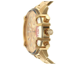 Profile side view of Diesel Griffed DZ4595 chronograph watch with gold-tone bracelet