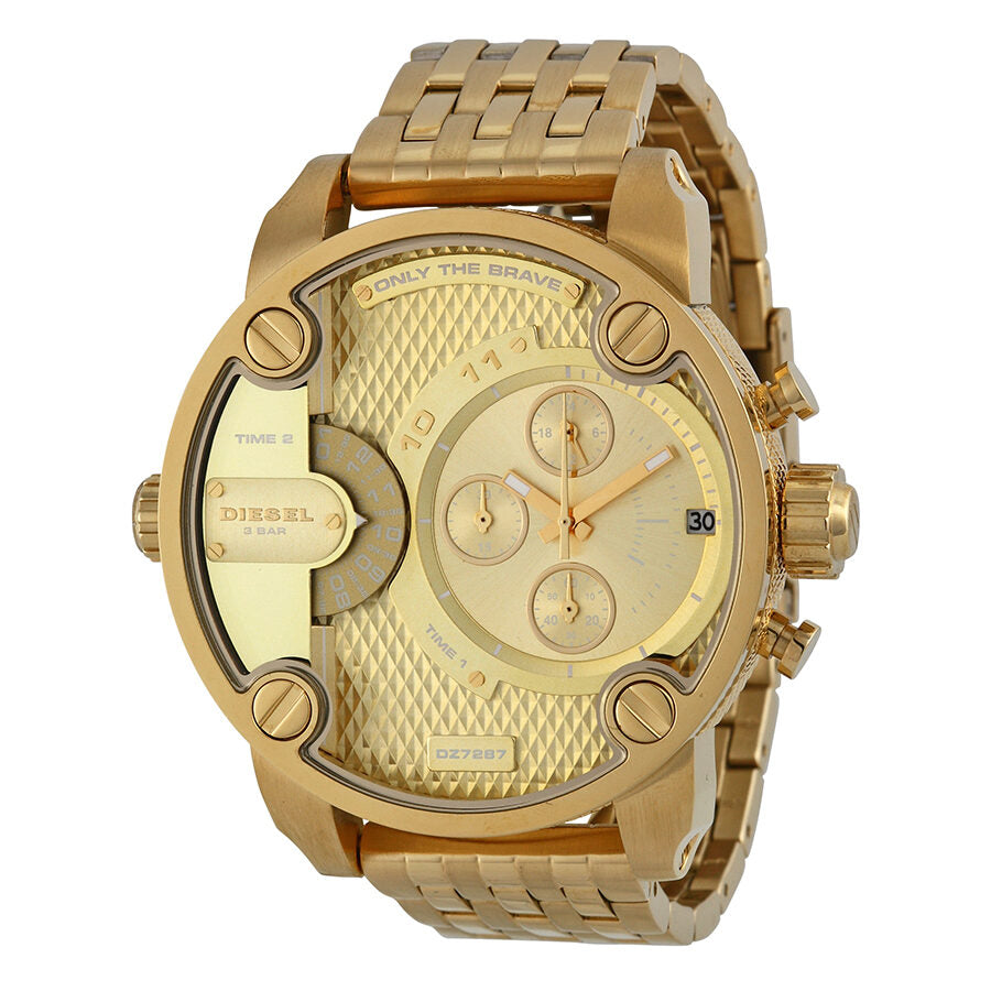 Diesel Little Daddy gold-tone dual time chronograph watch with oversized square case and mesh bracelet