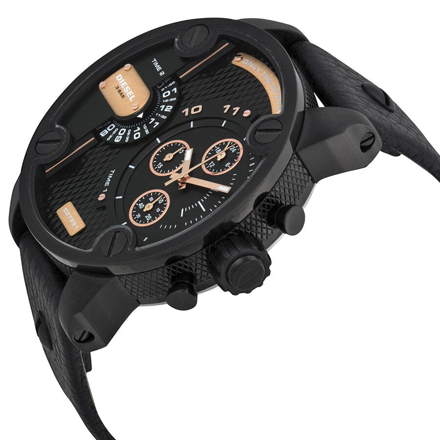 Diesel Little Daddy watch at angle showing black leather strap and black case with rose gold chronograph subdials