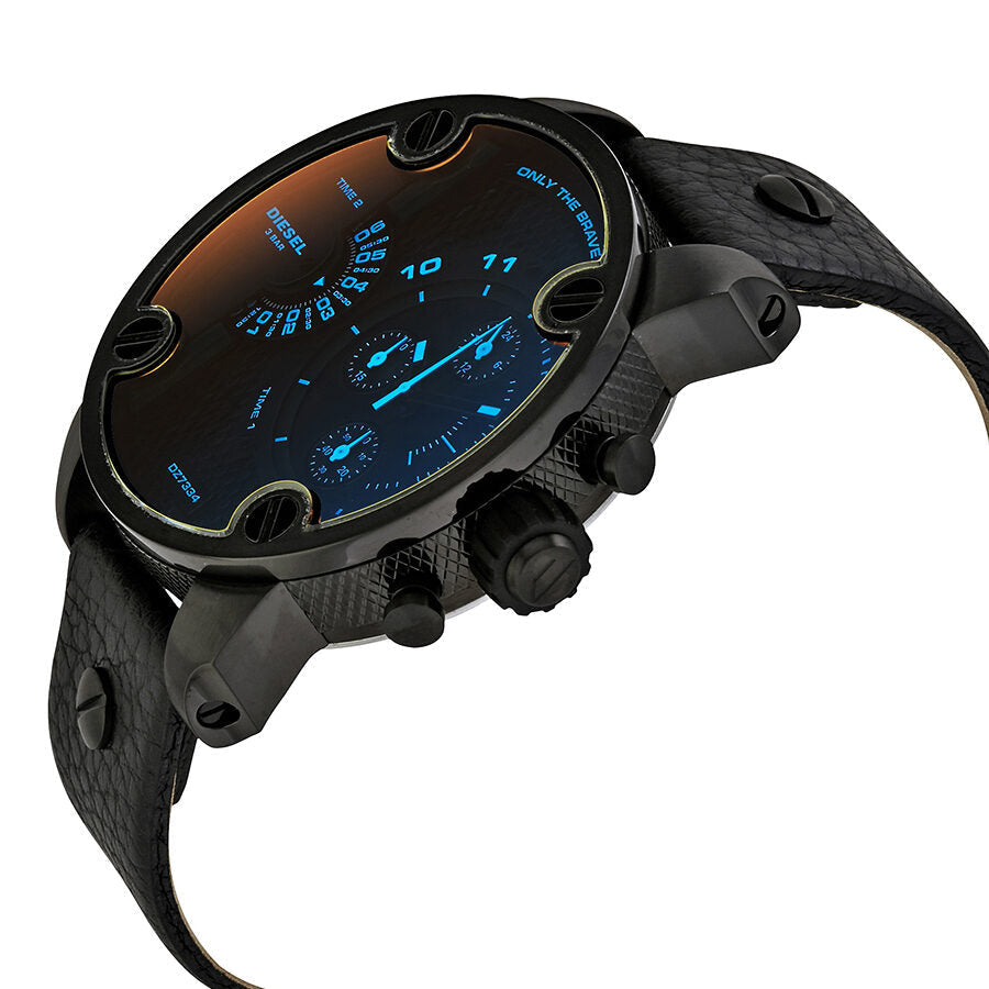Diesel Little Daddy watch side view showing chronograph pushers and textured black leather strap