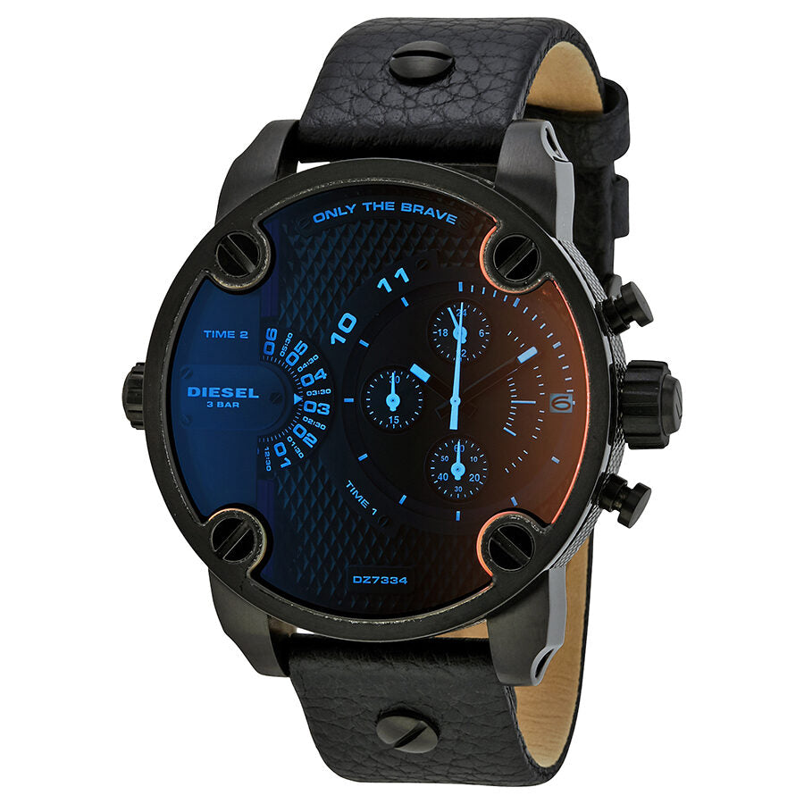 Diesel Little Daddy DZ7334 men's watch with red-orange and blue dual-dial, black leather strap