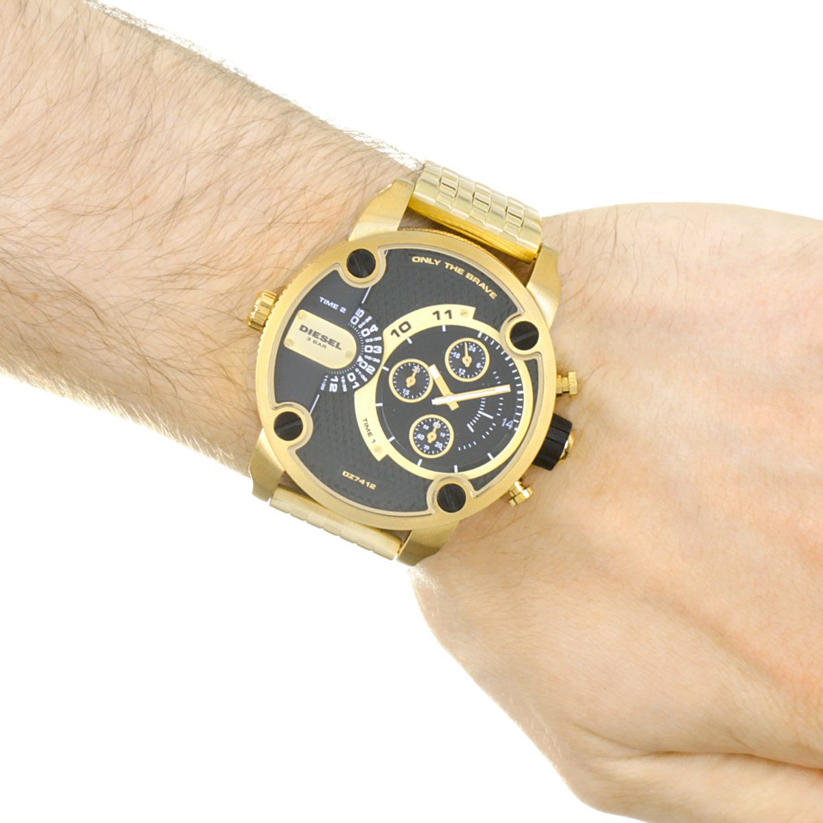 Wrist wear view of Diesel Little Daddy chronograph showing dial details and gold-tone band