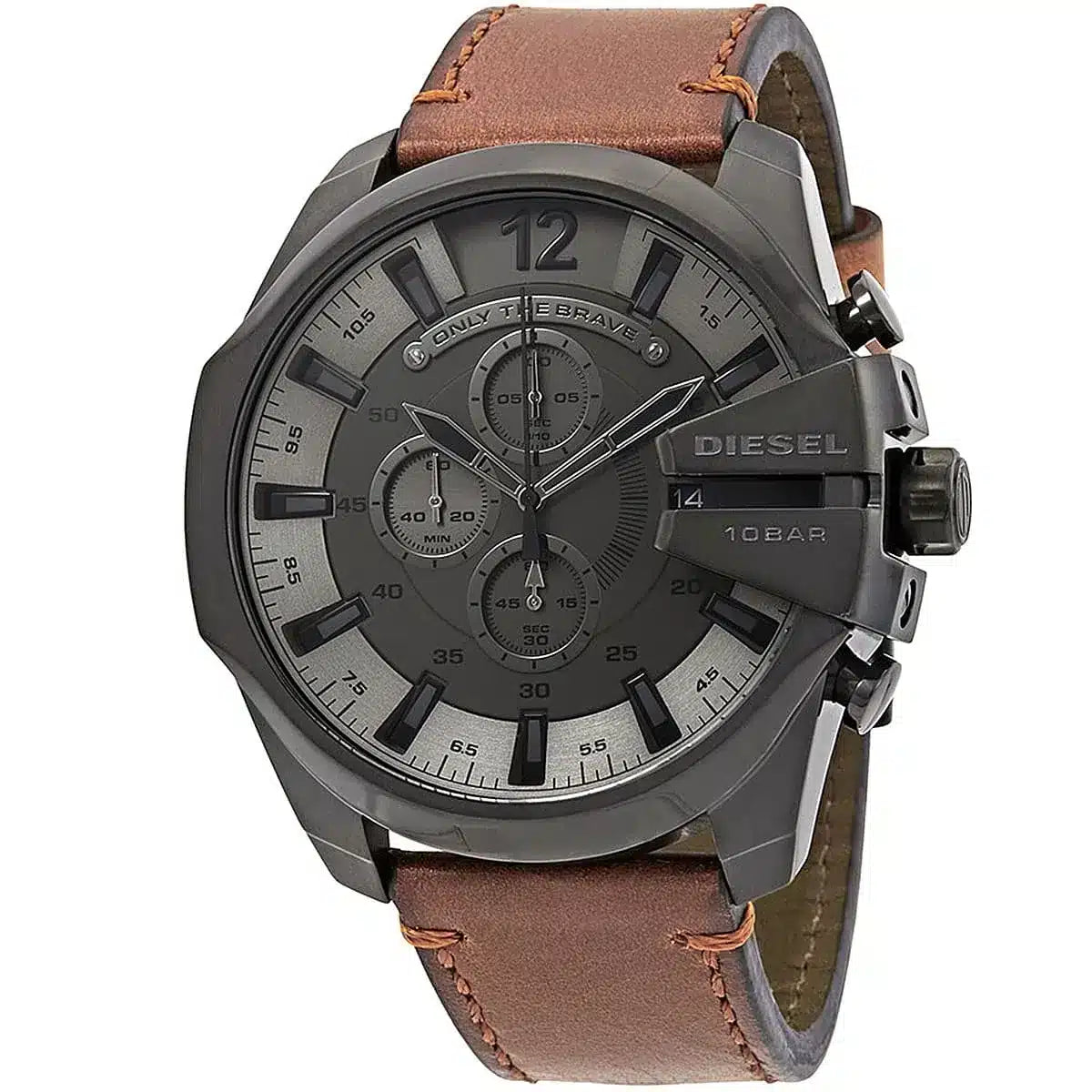 Diesel Mega Chief watch at angle showing black case and brown leather strap detail