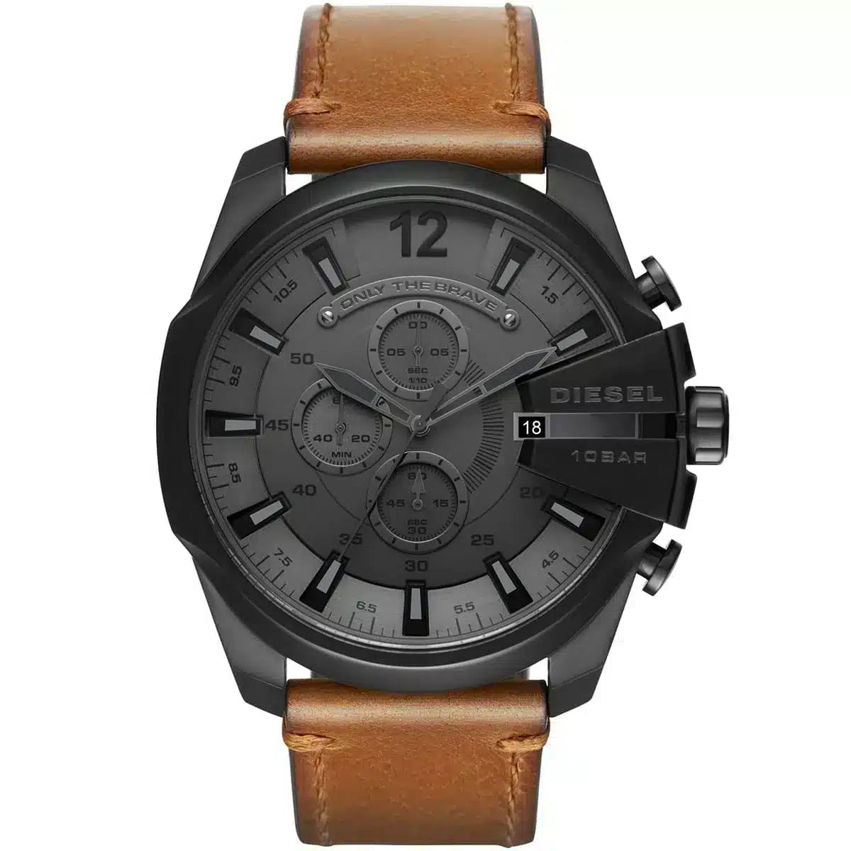 Diesel Mega Chief men's chronograph watch with gray sunburst dial and brown leather strap