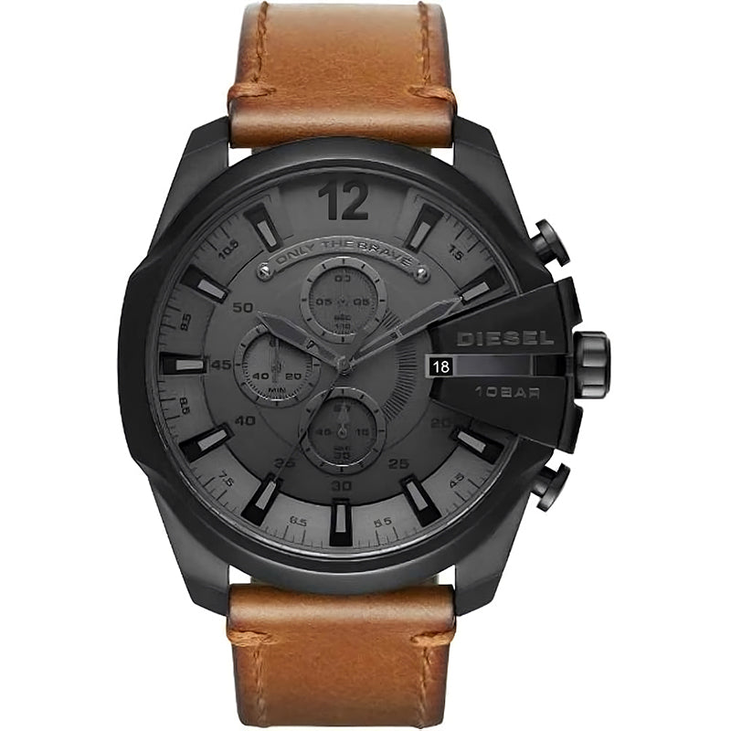 Diesel Mega Chief chronograph watch with gray dial, black case and brown leather strap