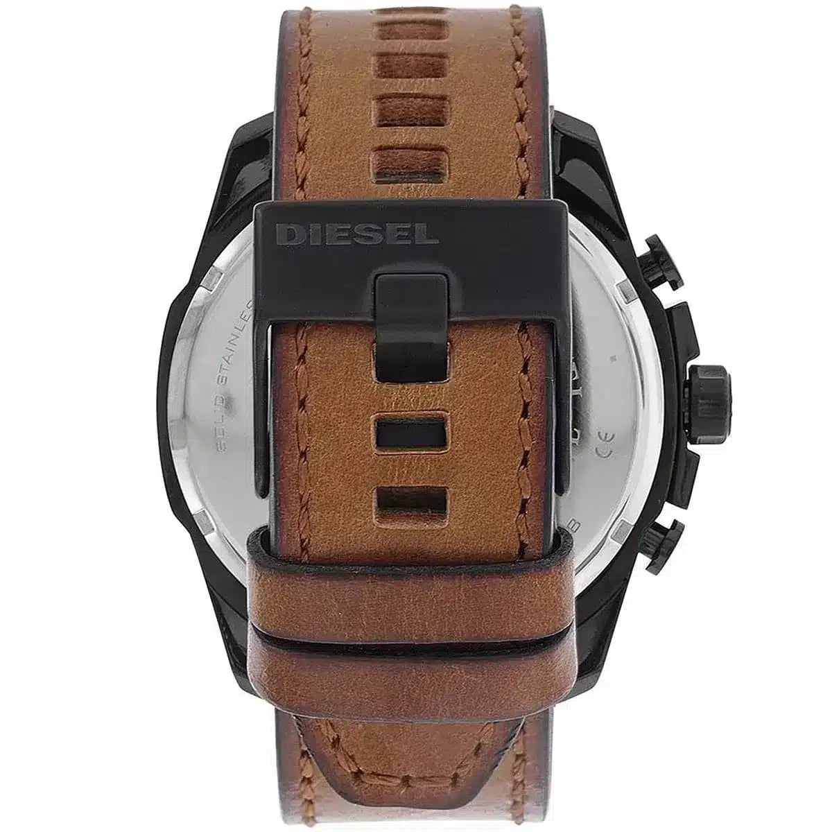 Diesel Mega Chief brown leather strap with stitch detail and deployant clasp
