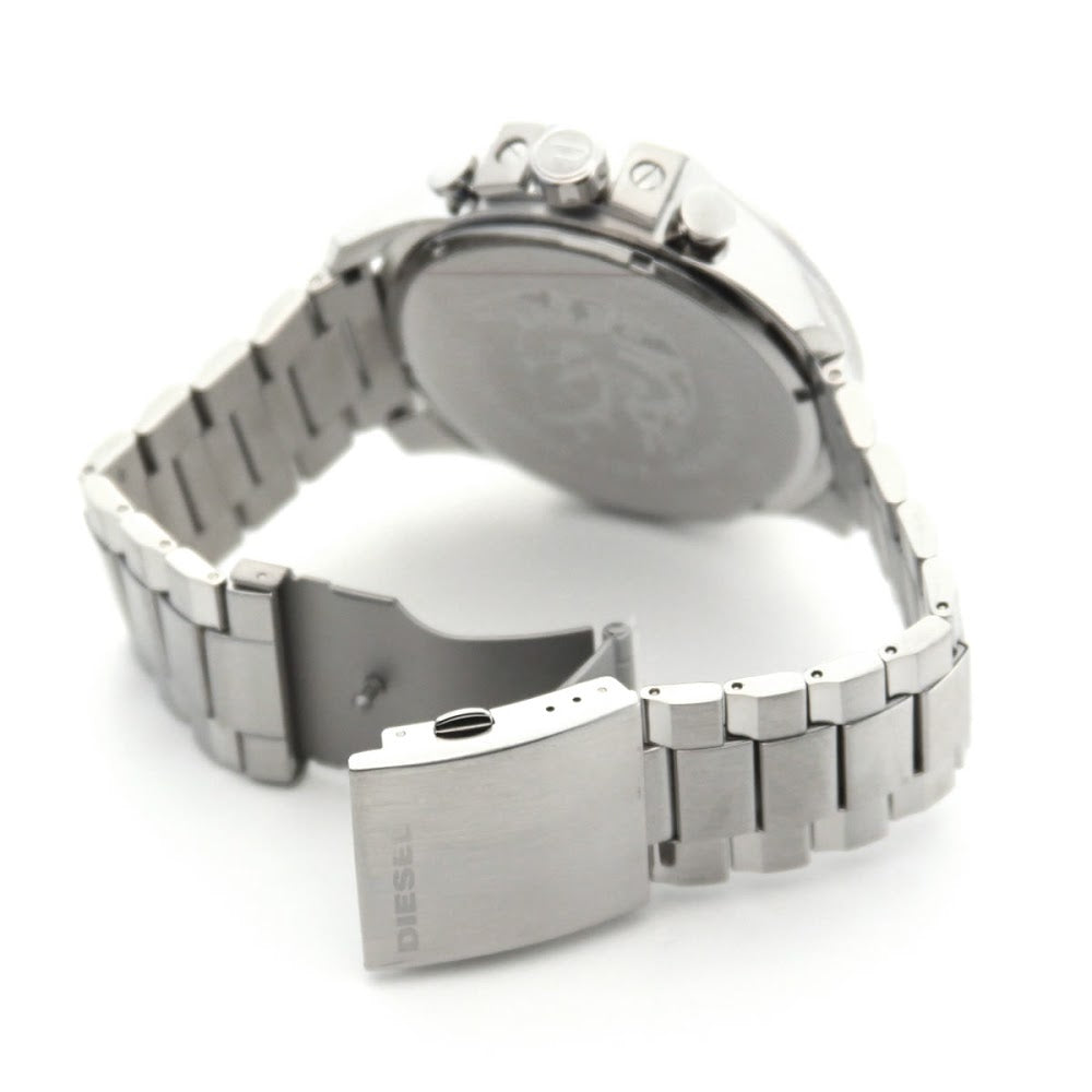 Diesel Mega Chief DZ4465 watch showing case back and stainless steel bracelet