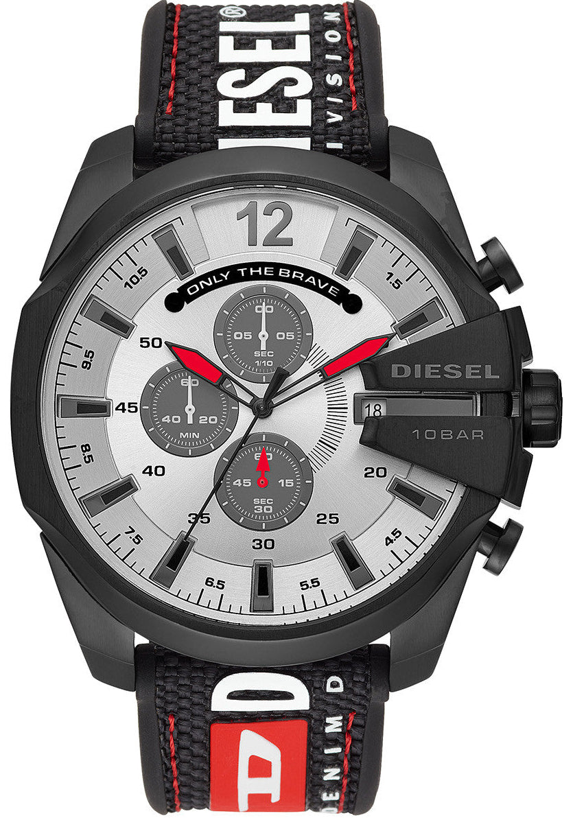 Diesel Mega Chief DZ4512 chronograph watch with silver dial and black leather strap