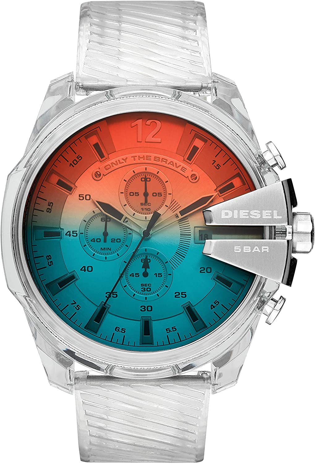 Diesel Mega Chief DZ4515 chronograph watch with red-to-blue gradient dial and clear strap
