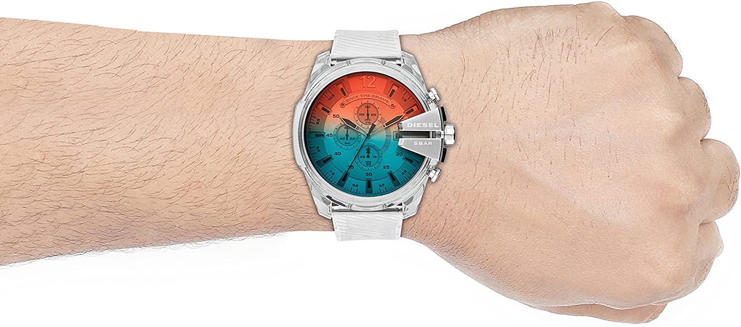 Diesel Mega Chief DZ4515 chronograph watch worn on wrist showing gradient red-blue dial