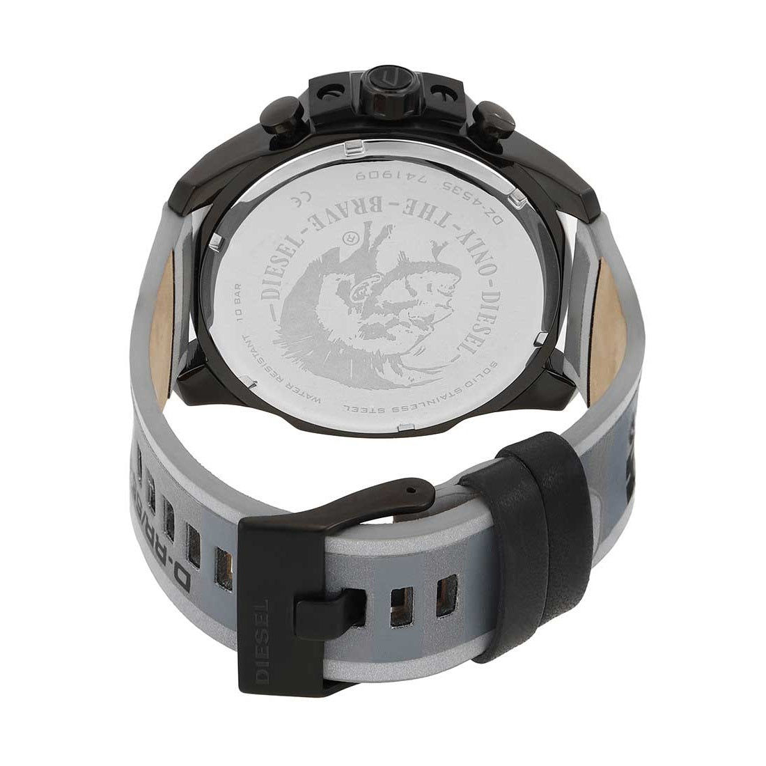 Diesel Mega Chief DZ4535 caseback with engravings and gray leather strap