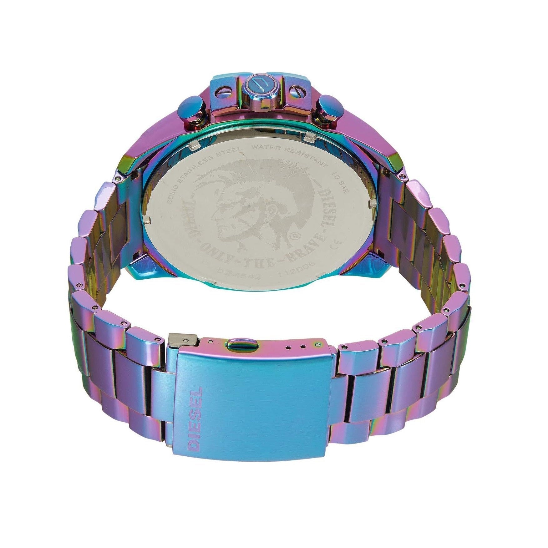 Caseback view of Diesel Mega Chief Rainbow watch showing engraved case, rainbow iridescent finish, and multi-colored steel bracelet