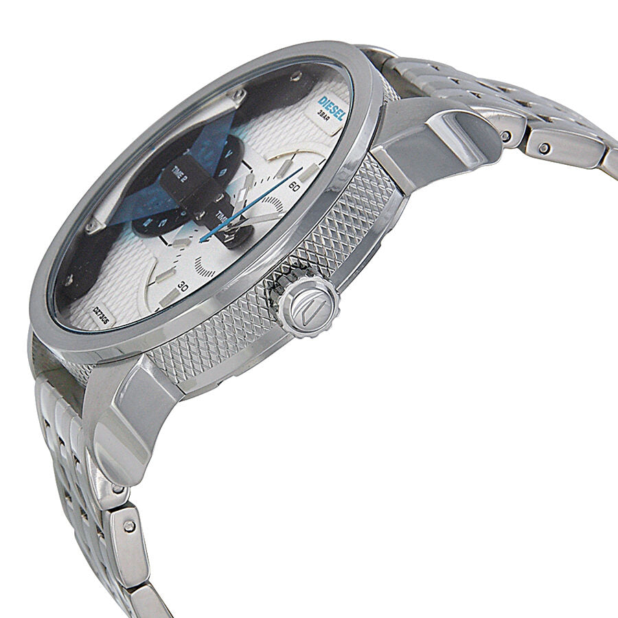 Side angle view of Diesel Mini Daddy stainless steel watch showing case and bracelet profile