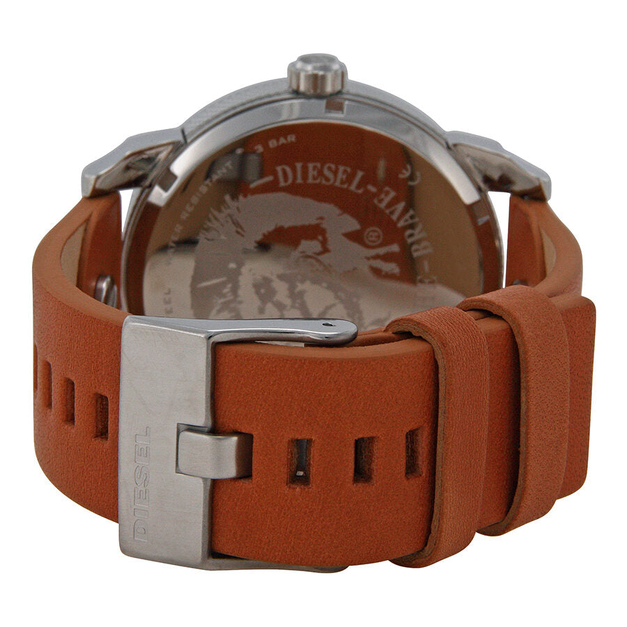Diesel Mini Daddy DZ7308 caseback showing tan leather strap with stainless steel deployment clasp