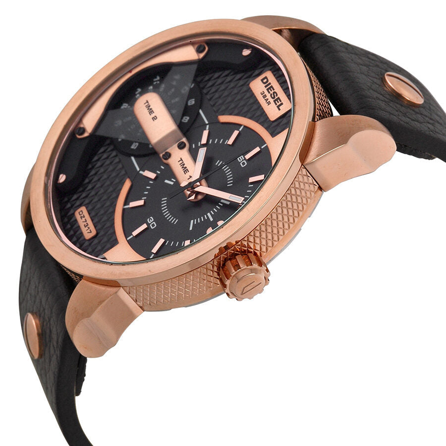 Diesel Mini Daddy DZ7317 watch angled view showing rose gold case and black leather strap