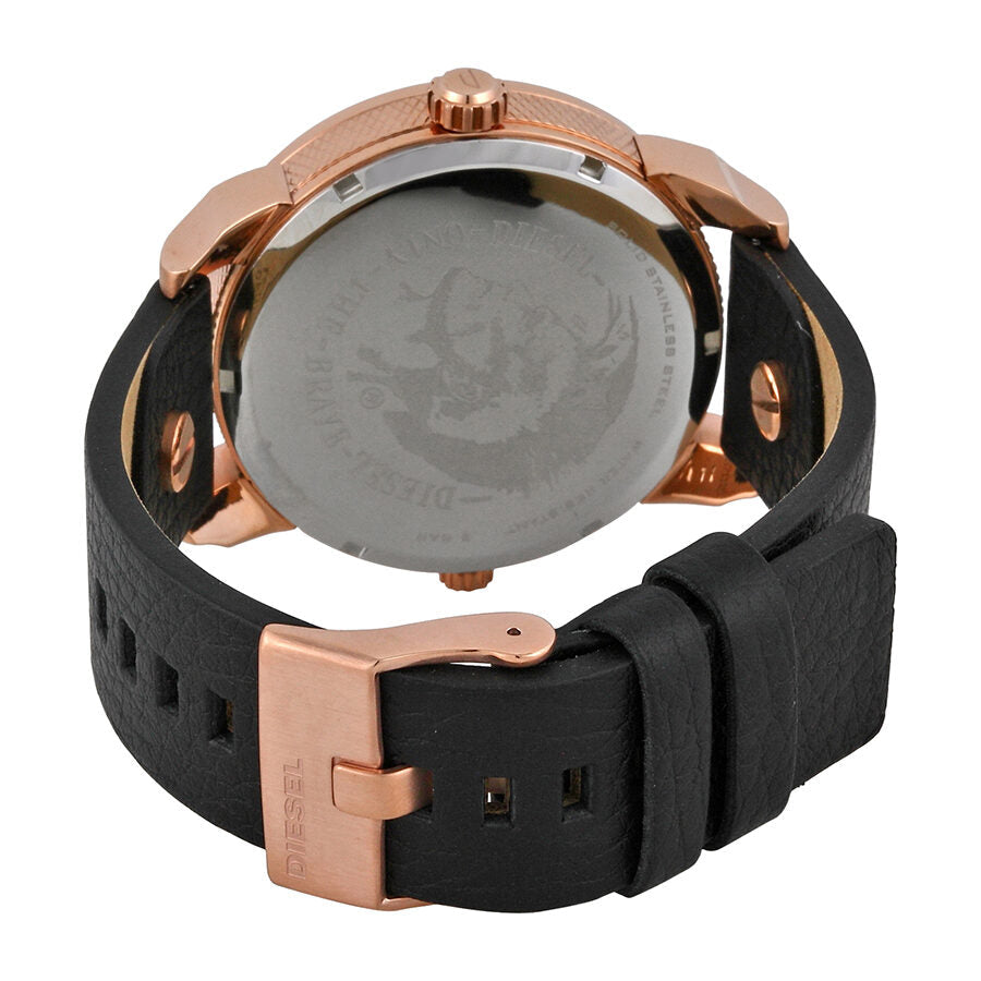 Diesel Mini Daddy DZ7317 watch caseback showing metal back and strap with rose gold buckle