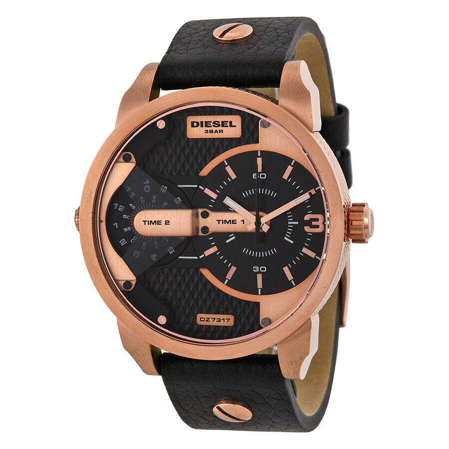 Diesel Mini Daddy DZ7317 men's watch with rose gold case, black dial, and dual time complications