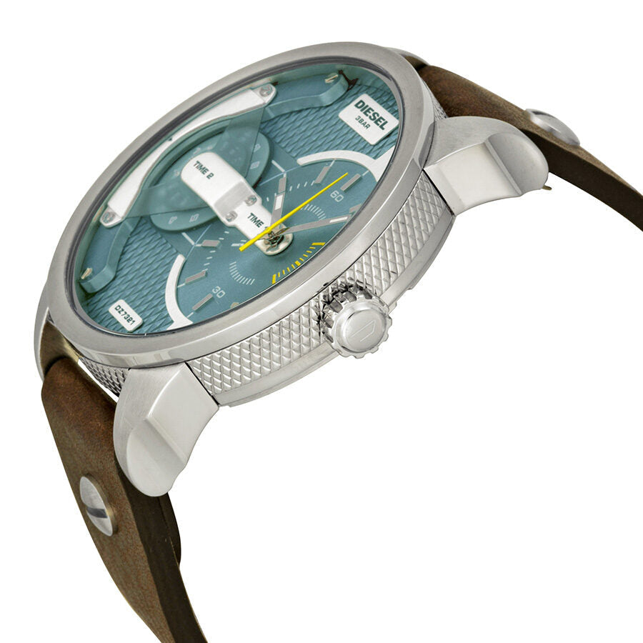 Diesel Mini Daddy watch angled view showing steel case, crown, and brown leather strap