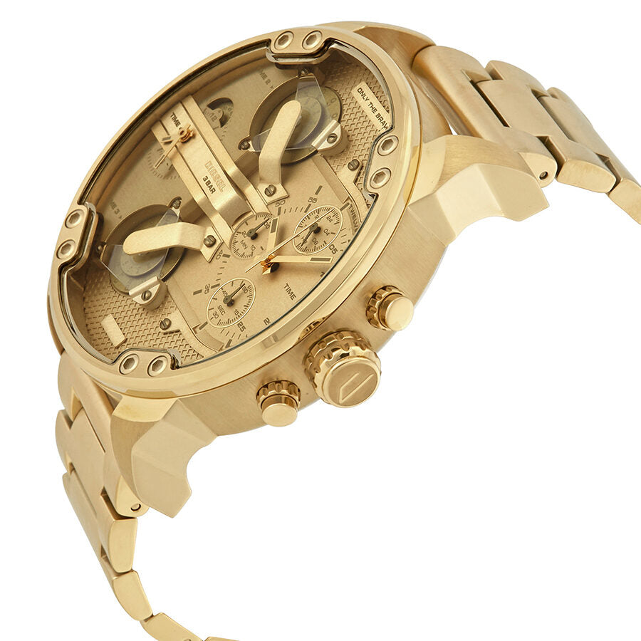 Side angle view of gold Mr. Daddy 2.0 chronograph showing case profile and bracelet