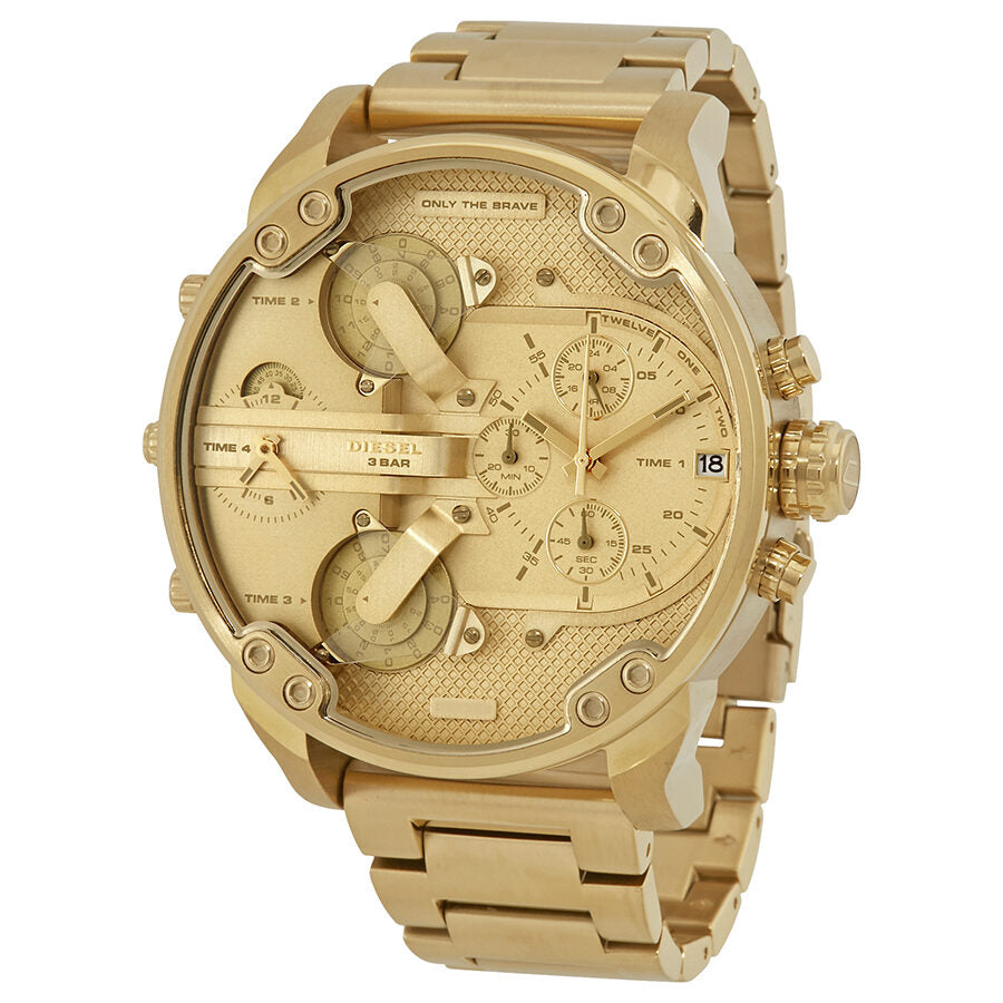 Diesel Mr. Daddy 2.0 all gold chronograph watch with dual time zone dials and chronograph subdials