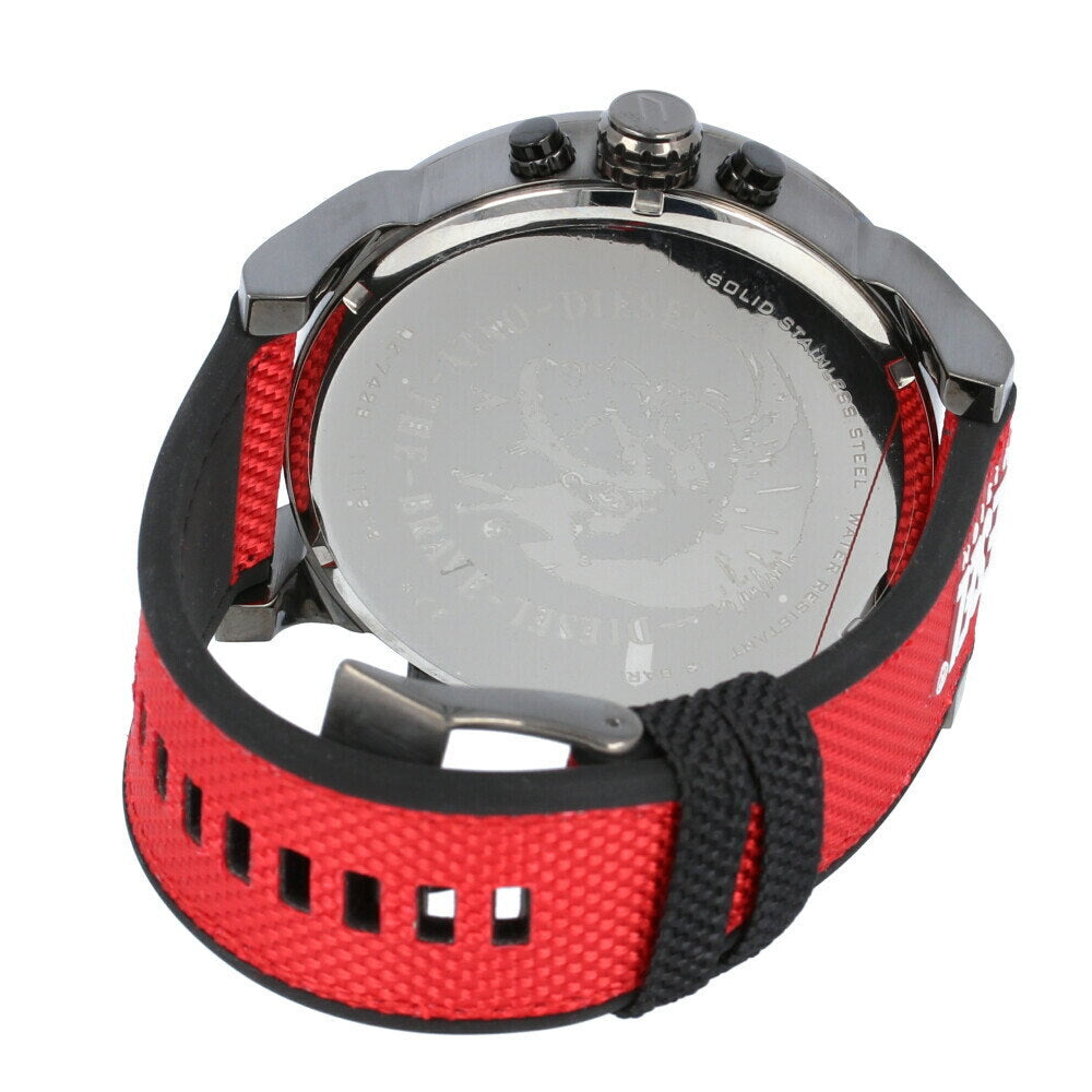 Side profile of Diesel Mr. Daddy 2.0 watch with red and black nylon strap and metal case